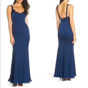 Fame And Partners Ara Satin Lace Trim Long Dress